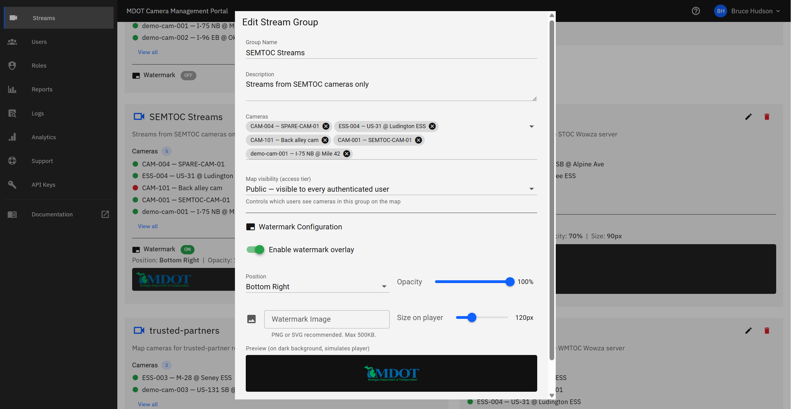Edit stream group form showing fields for group name, camera assignments, watermark image upload, position, opacity, and size controls.